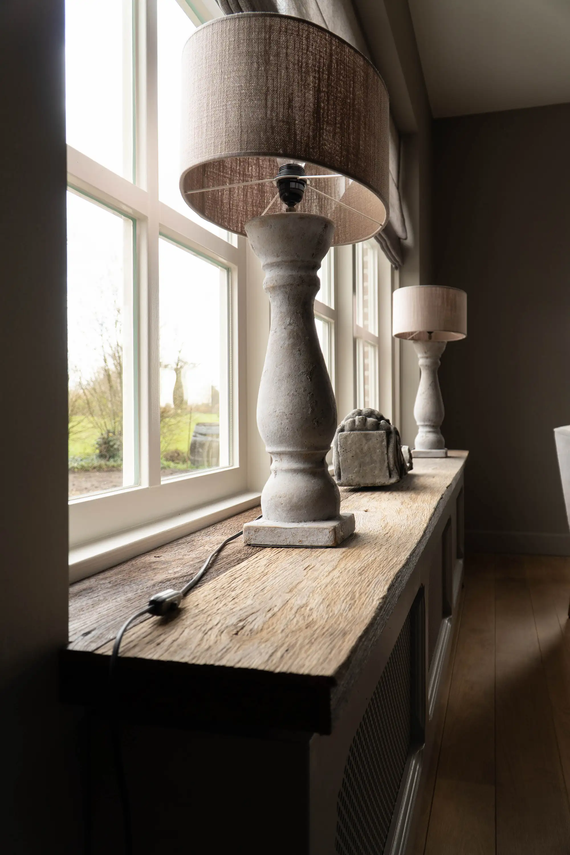 Aged oak window sills with authentic wood grain and rustic natural character