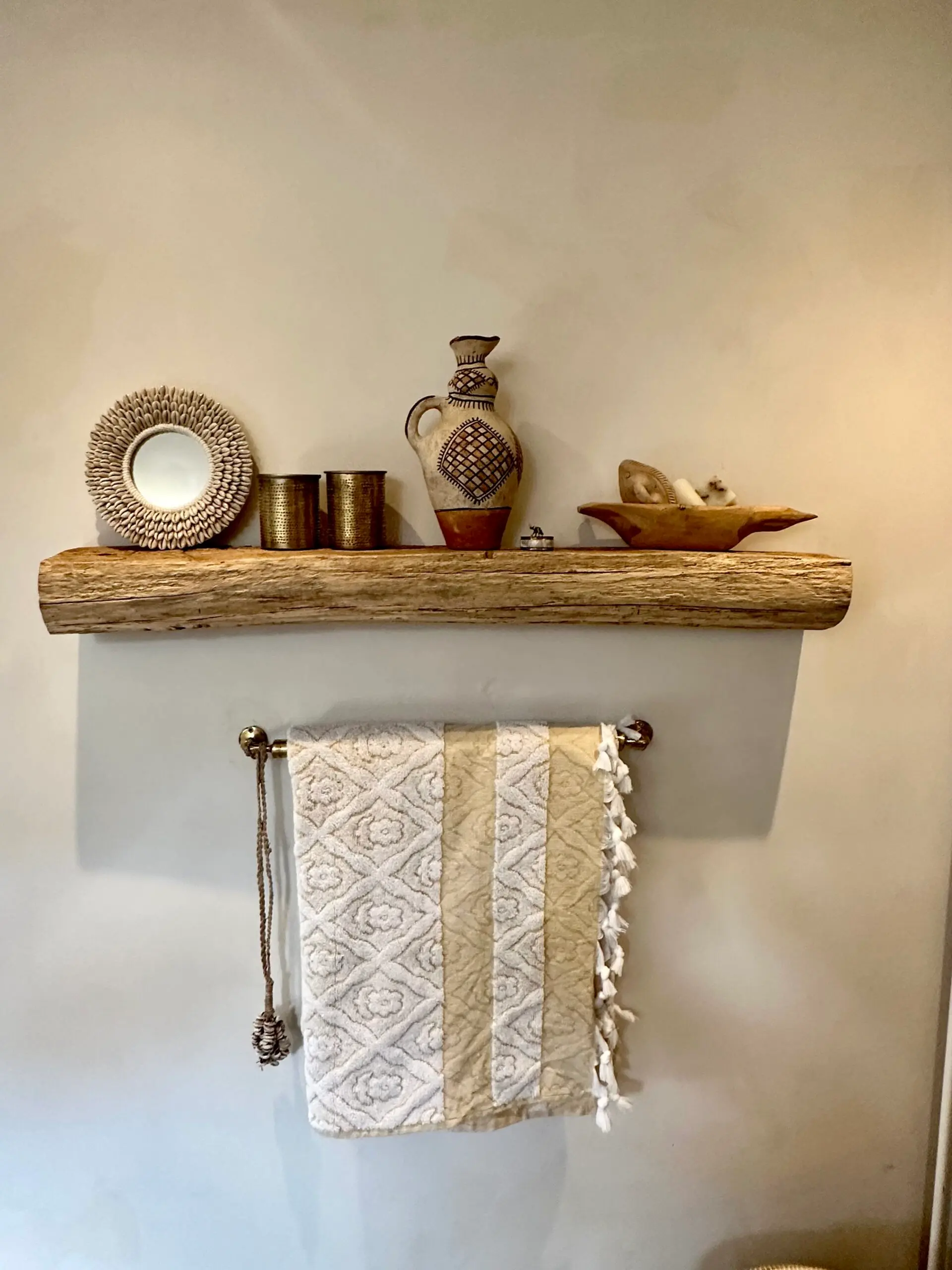 Solid oak mantel shelf with natural wood grain and rustic handcrafted appearance