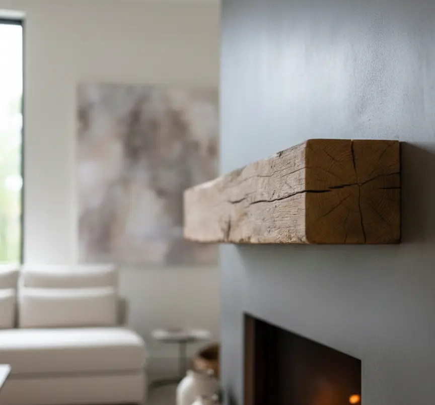 Solid oak mantel beam used as a wooden fireplace beam