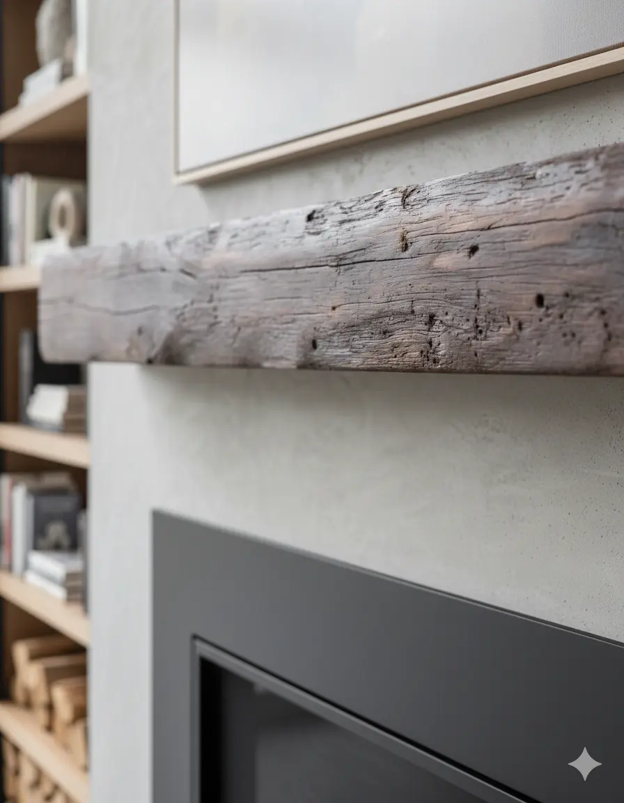 Oak beam for fireplace mantel in a rustic living room setting