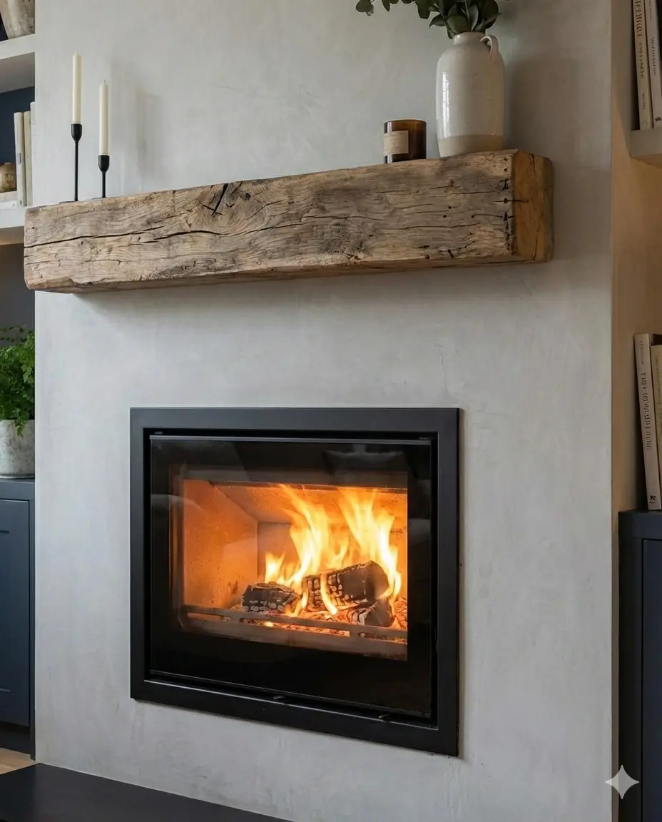 Wooden fireplace beams featuring a handcrafted oak mantel beam