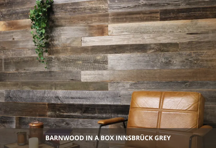 Decorative reclaimed wood paneling installed on a feature wall in a rustic modern interior