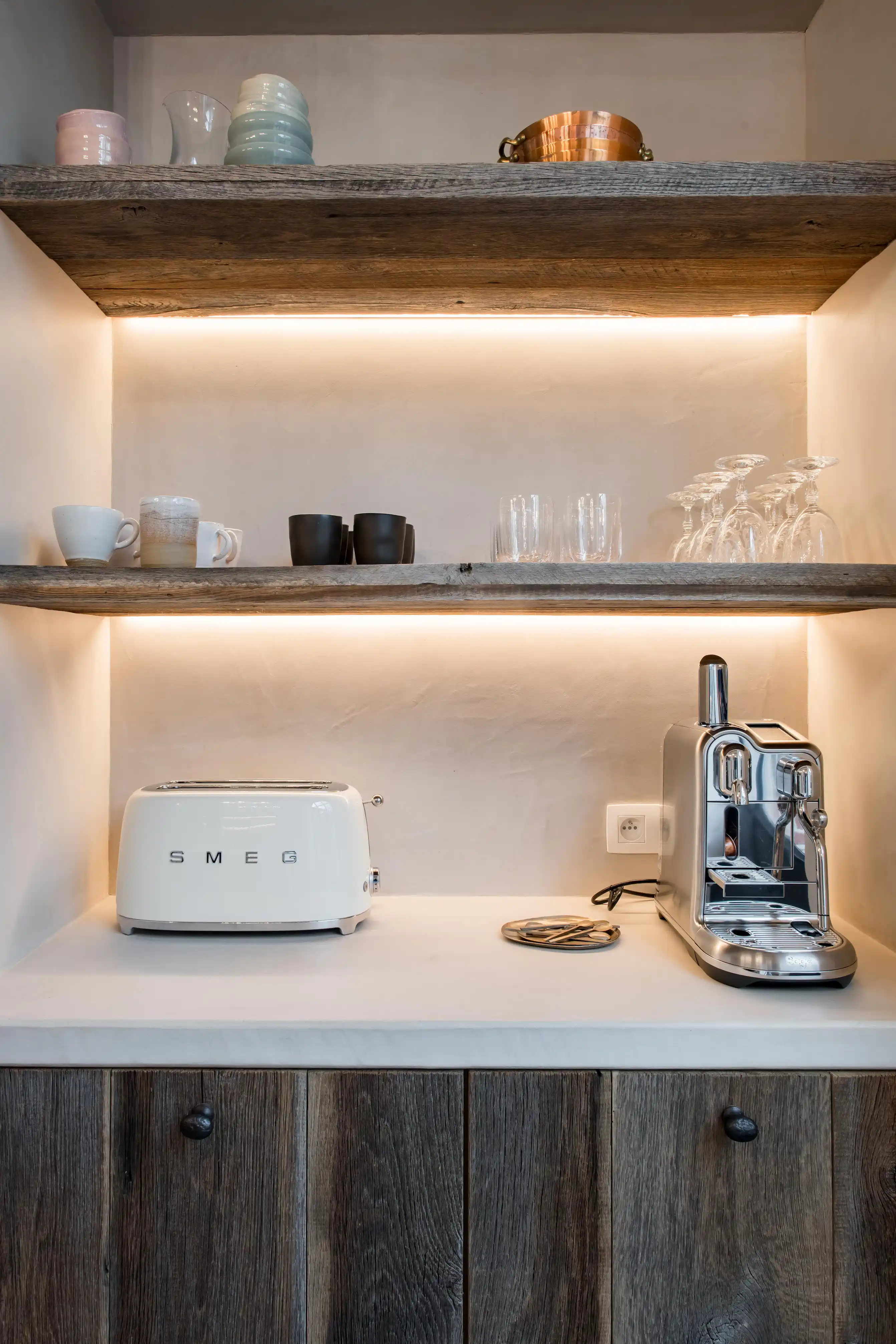 Wooden kitchen interior with open shelves and coffee machine