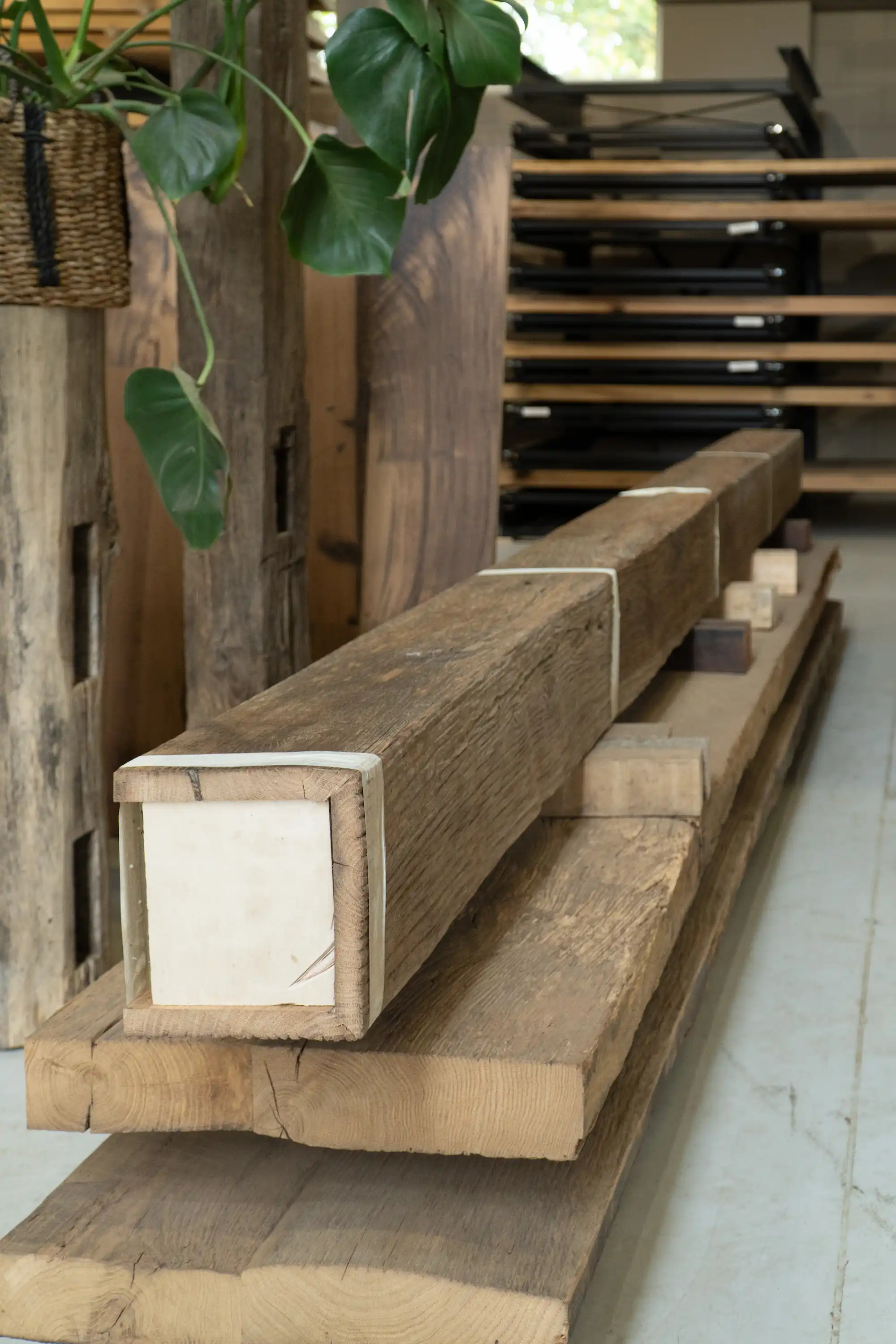 Faux antique ceiling beam with rustic texture and handcrafted reclaimed wood look.