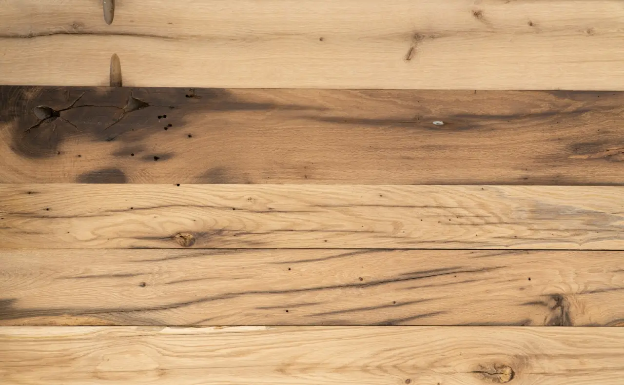 Durable reclaimed oak floorboards with handcrafted finish and authentic reclaimed wood character
