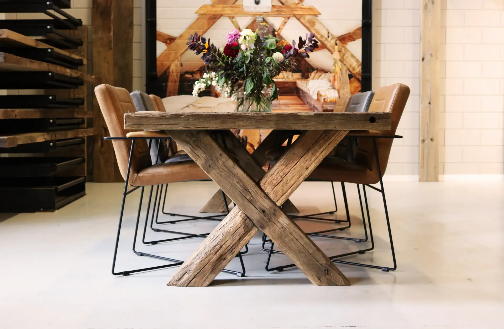 Old oak dining table featuring weathered wood texture and natural finish.