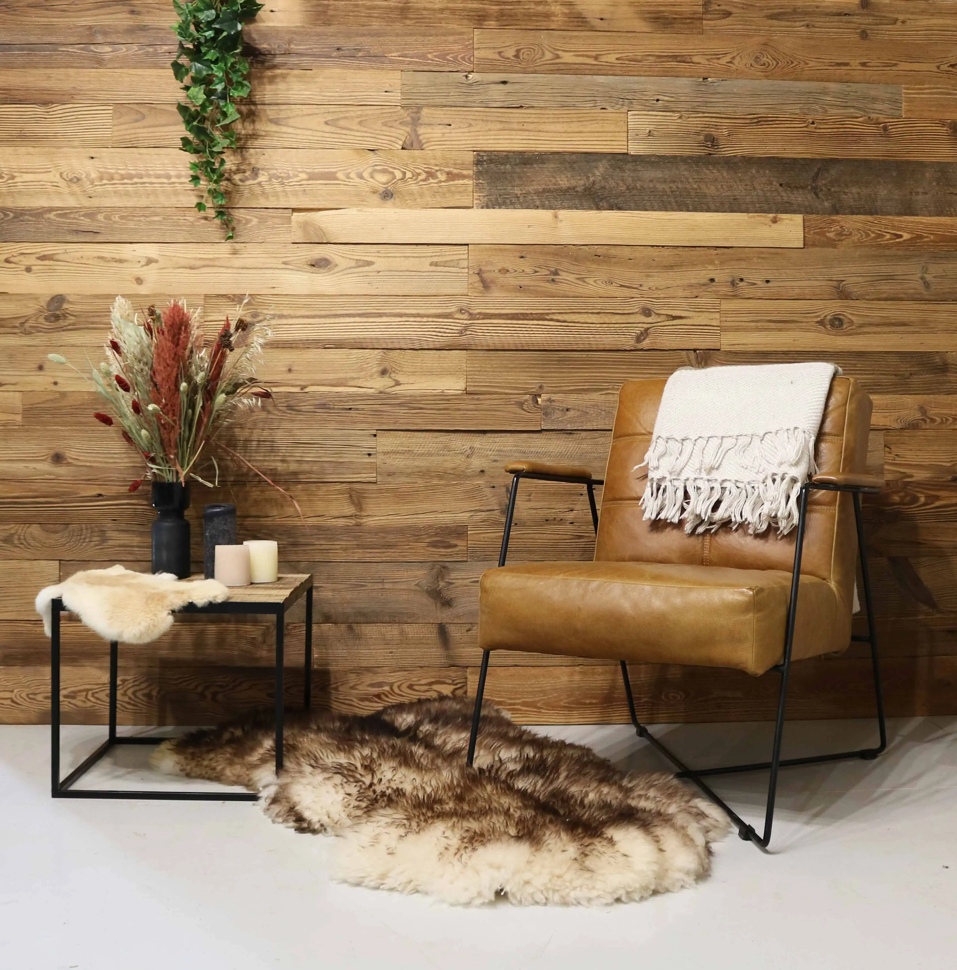 Reclaimed wood wall panels with layered tones and organic structure