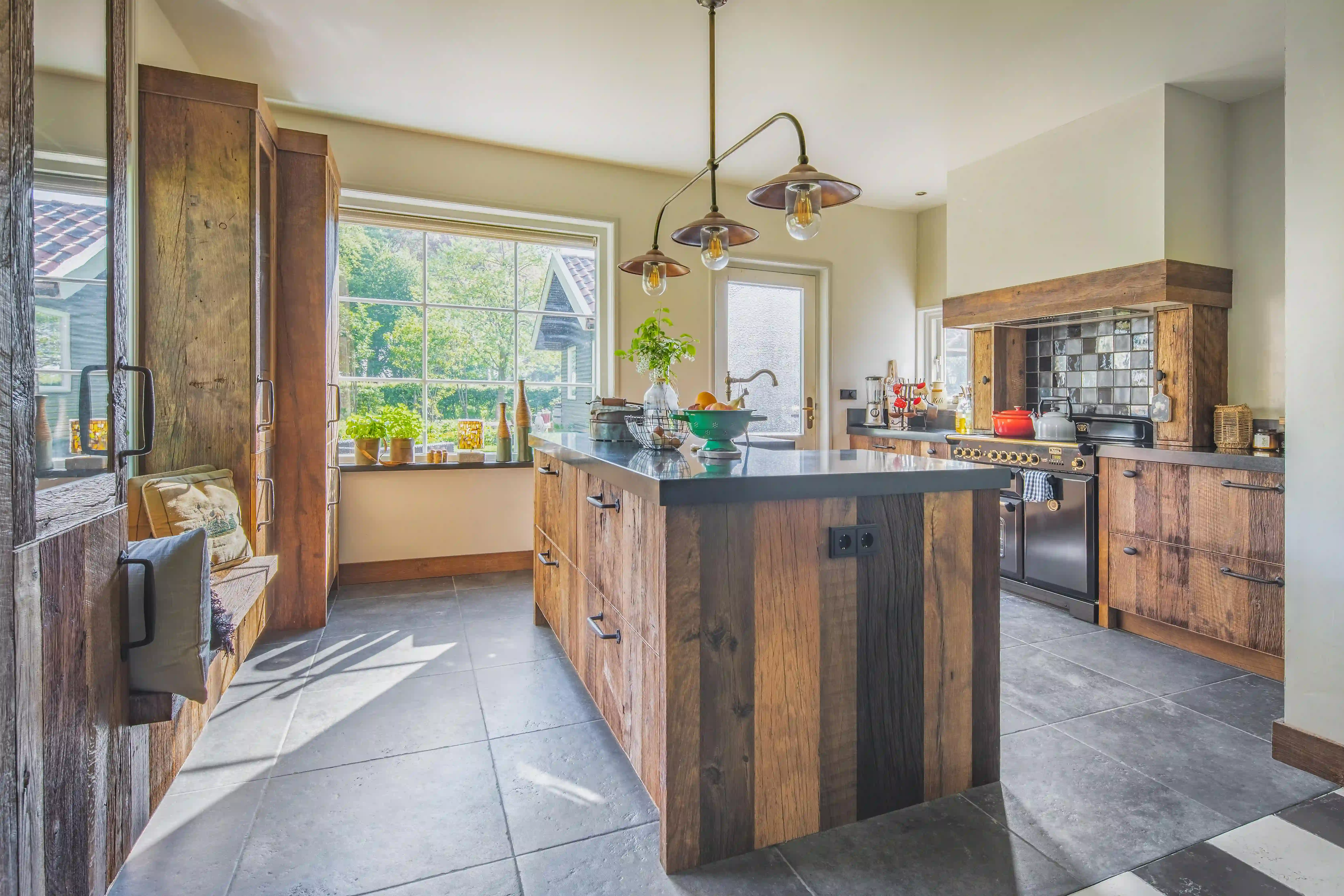 Stylish oak kitchen with natural wood textures and timeless interior appeal