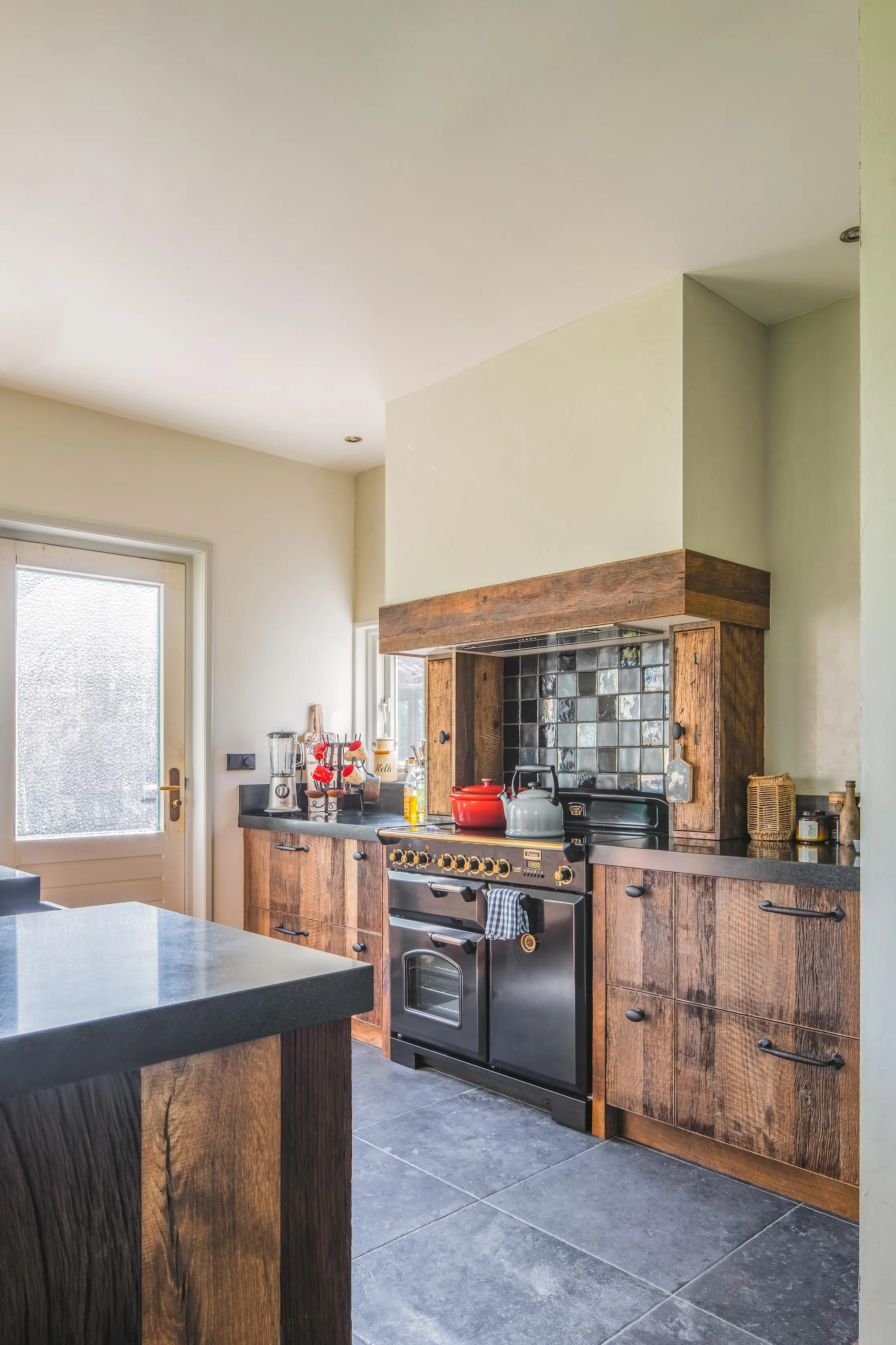 Barn wood spruce and oak cabinet fronts with visible grain patterns and aged wood details