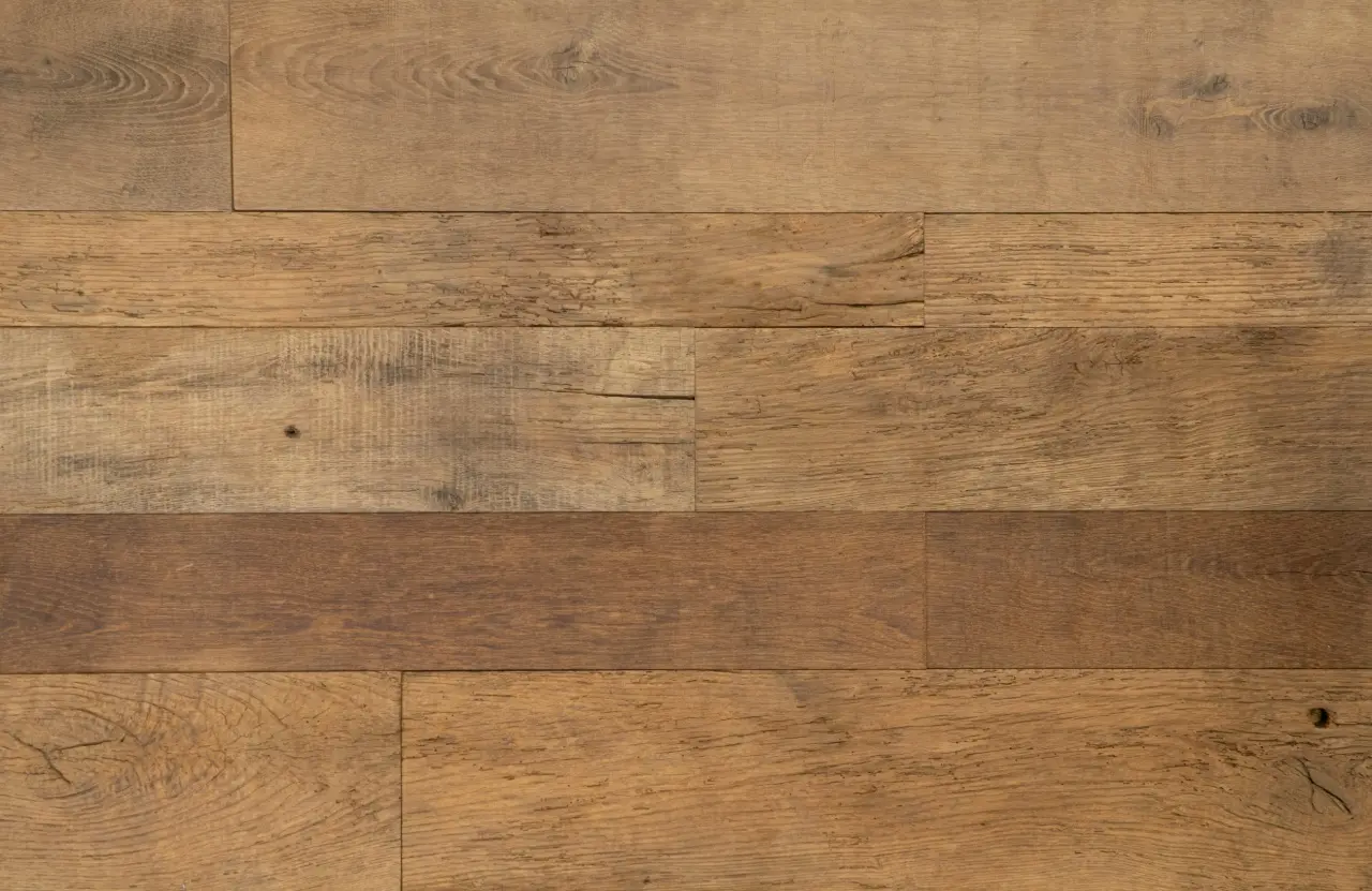 Decorative reclaimed oak floorboards crafted from recycled oak timber with natural aged character