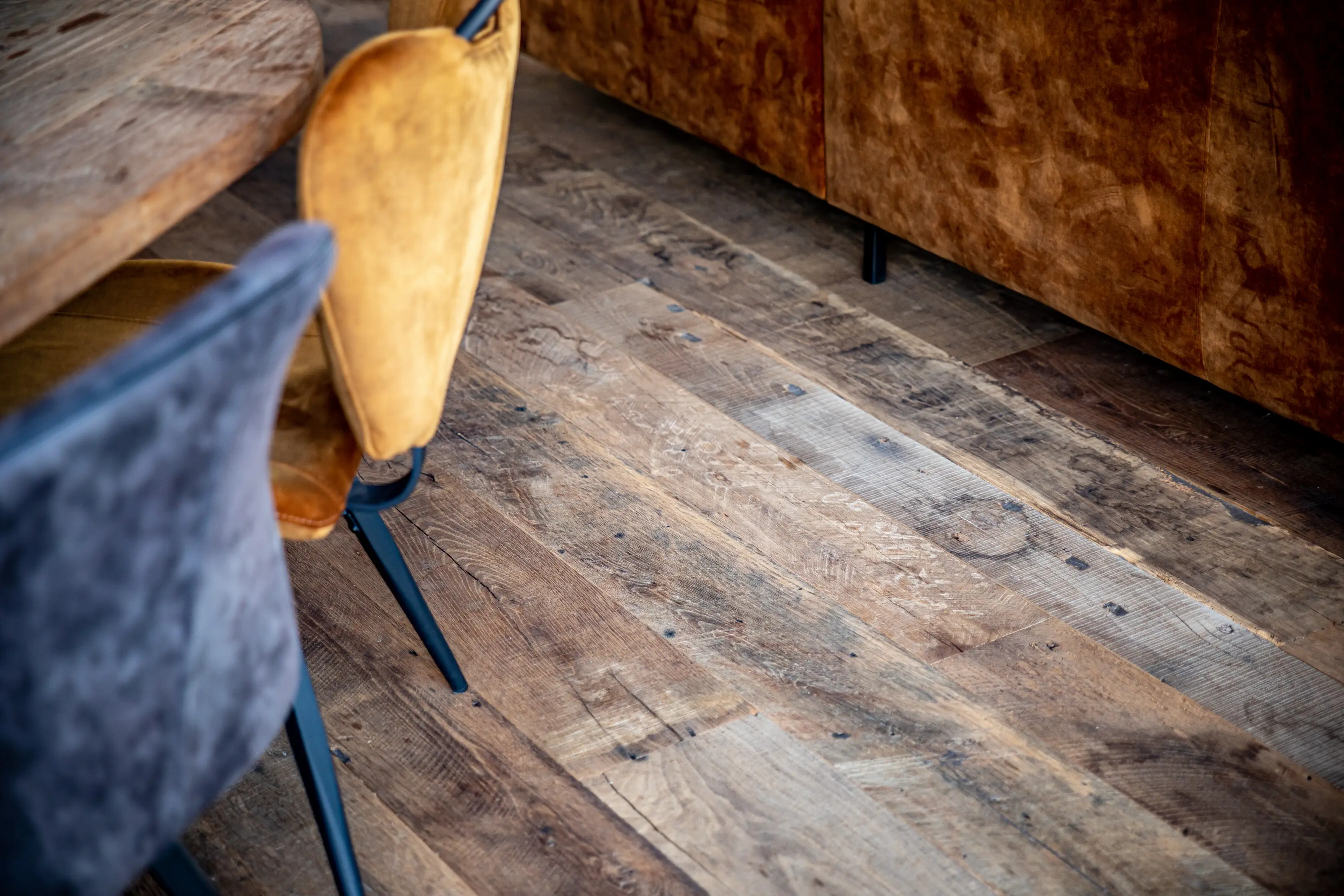 High quality reclaimed oak flooring with natural color variations and durable wood structure