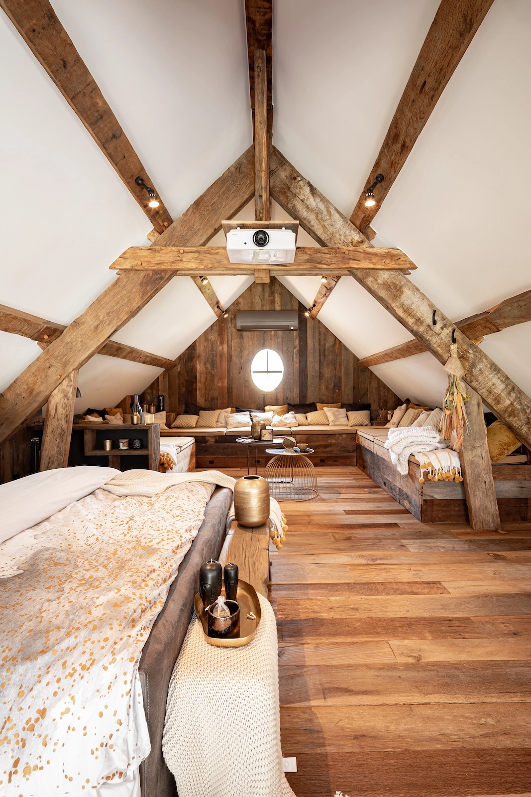 Solid oak beams with visible grain and rustic texture