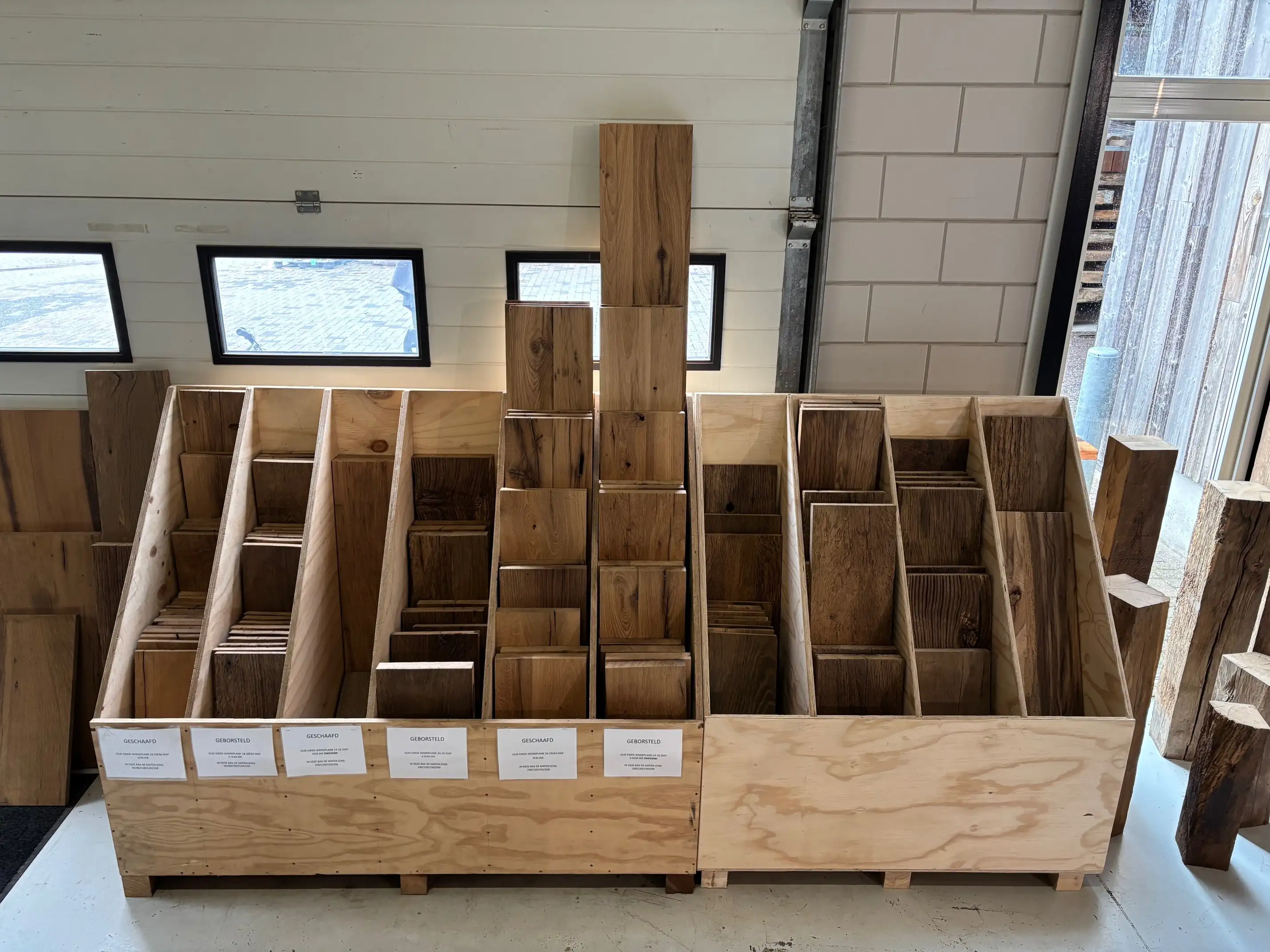 Reclaimed wood storage shelving with handcrafted compartments and natural rustic wood textures