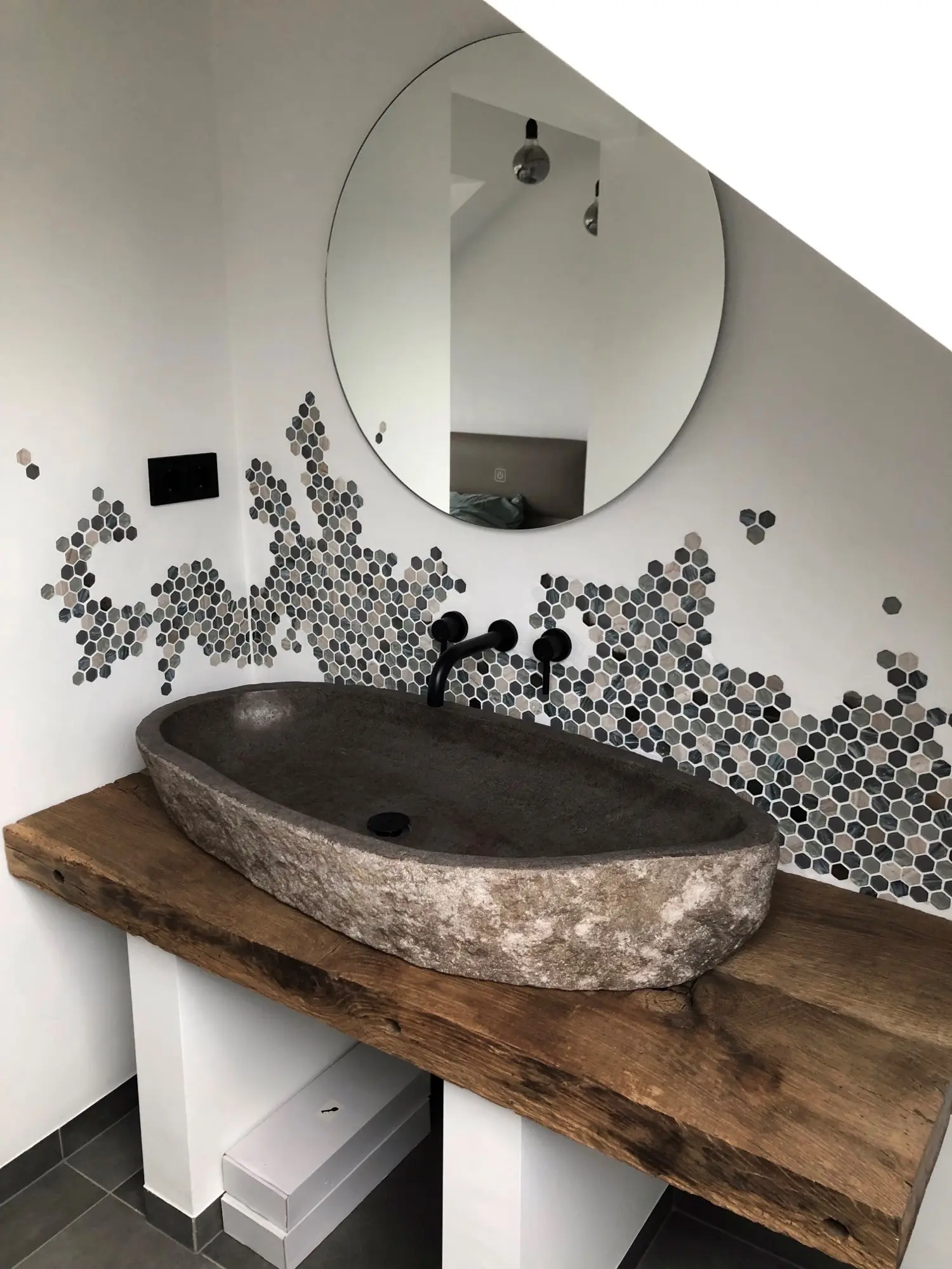 Historic oak bathroom vanity with warm wood tones