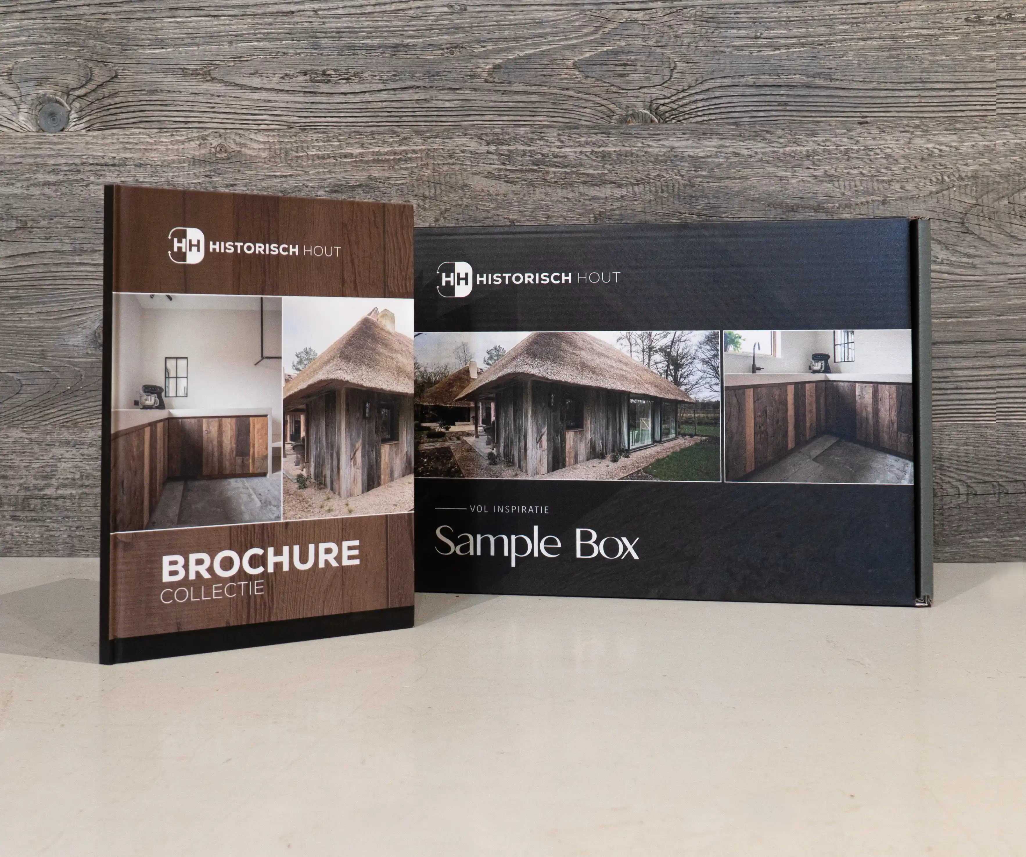 Material sample box with printed information brochure