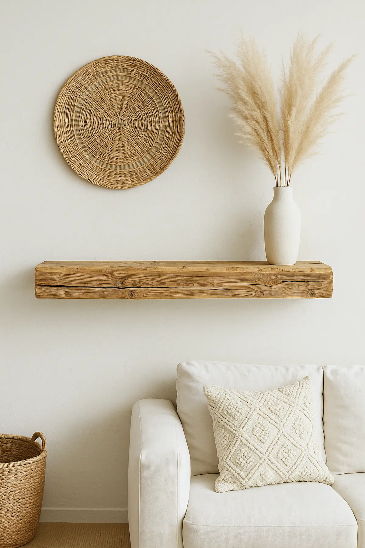 Reclaimed wood wall shelf styled in a calm modern interior with natural decorative elements