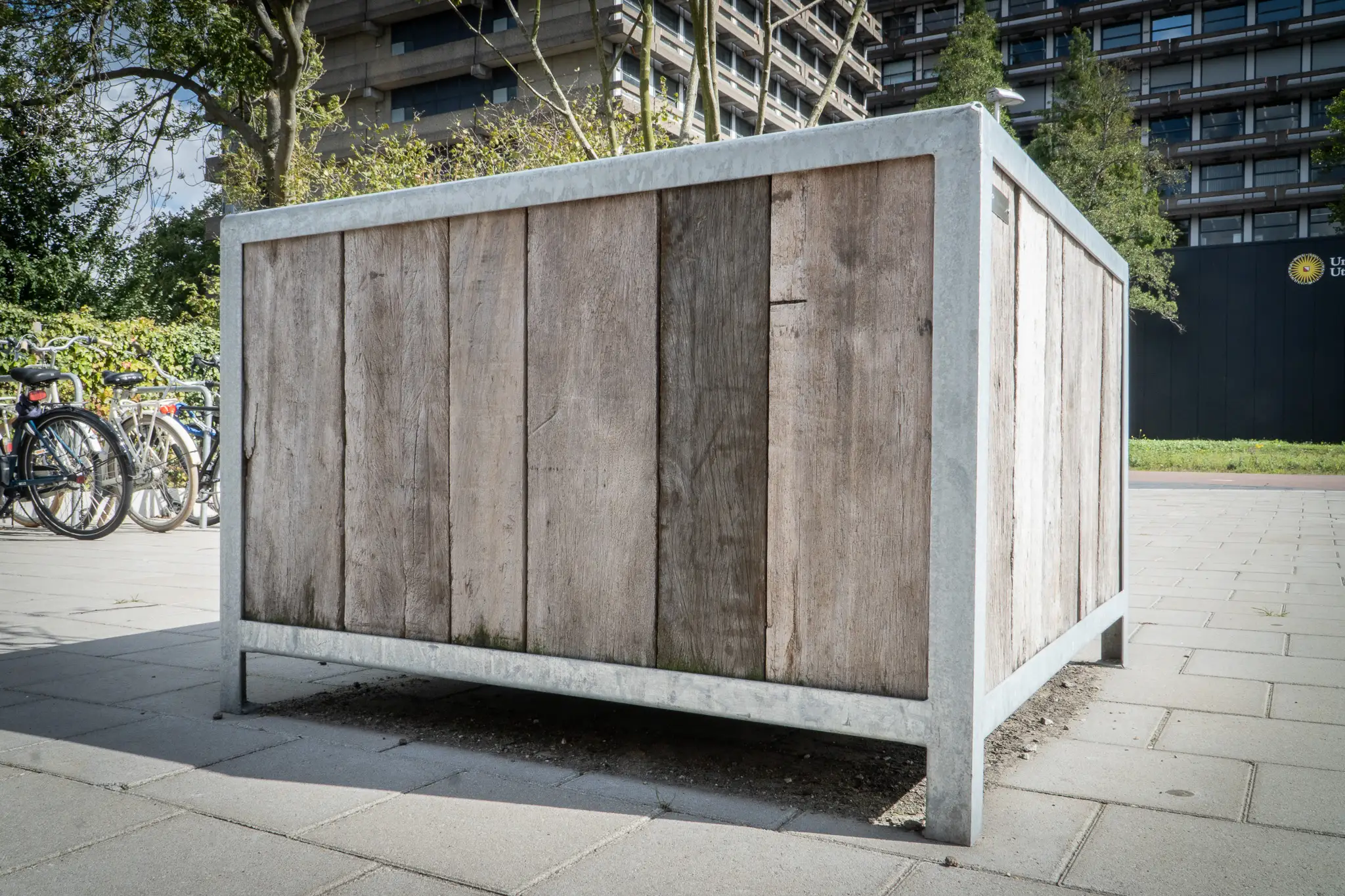 Outdoor reclaimed timber storage unit made from weathered wood with natural rustic textures