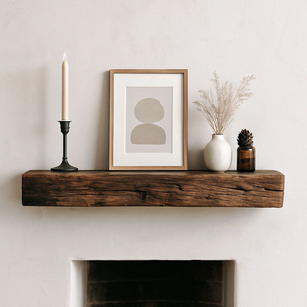 Rustic reclaimed timber shelves with handcrafted finish and natural wood imperfections