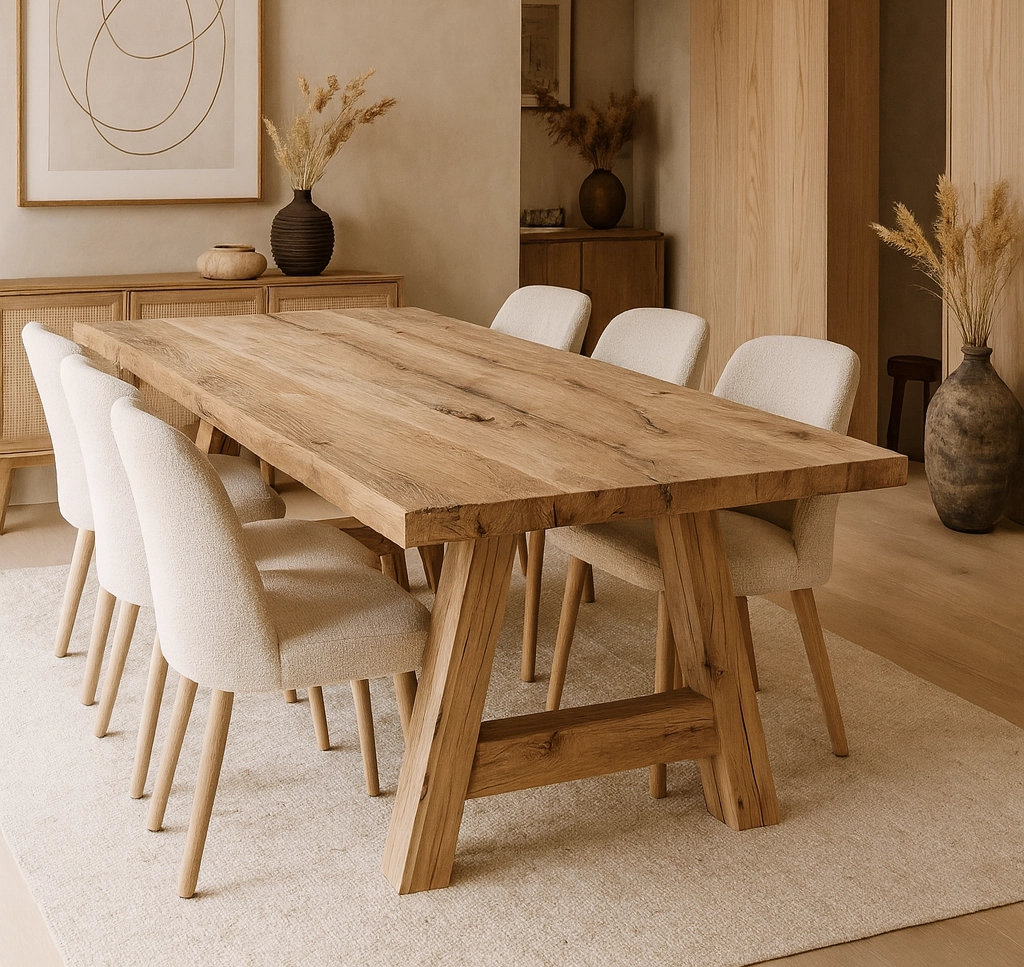 Solid oak dining table with natural wood grain and modern rustic design in a bright dining room.