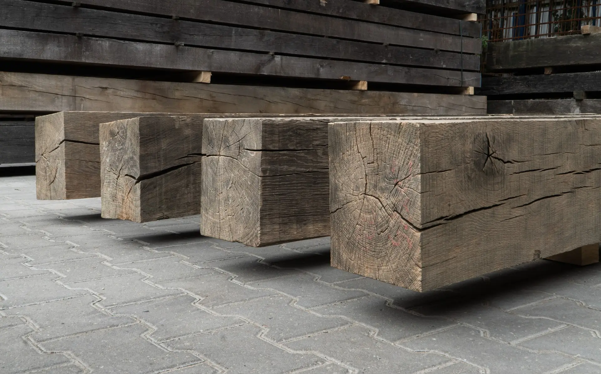 Air-dried reclaimed oak beams in stock