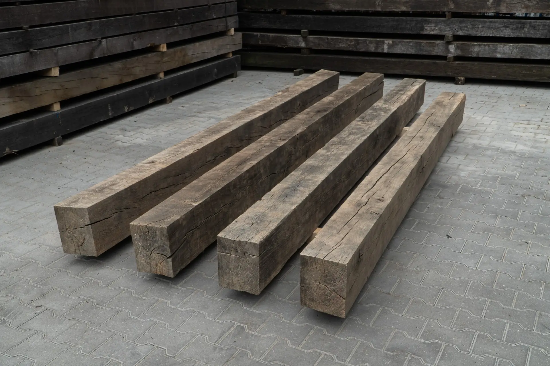 Air-dried reclaimed oak beams in various sizes