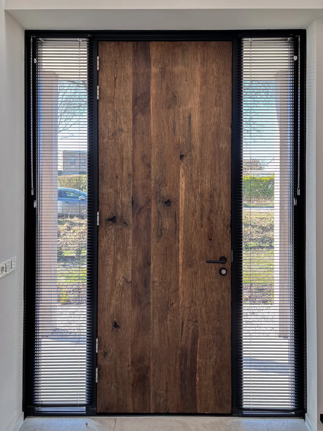 Custom-Made Reclaimed Oak Front Door with Glass Side Panels